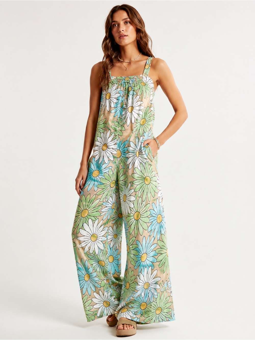 Retro Daisy Print Wide Leg Jumpsuit Large Boho Floral Palazzo Romper